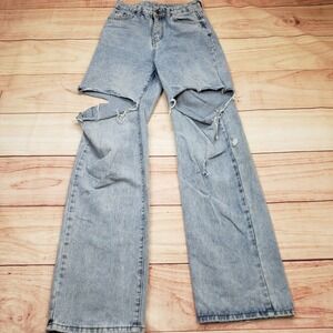 Unbranded Distressed Wide Leg‎ Jeans Womens Medium Blue Light Wash Knee Rips
